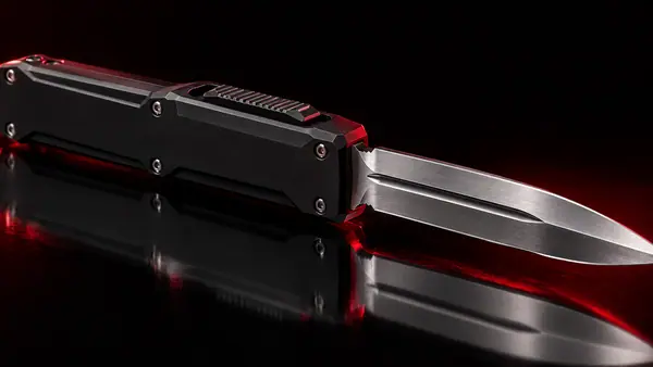 Illustrative studio render of a out-the-front automatic with dagger blade, not the actual model