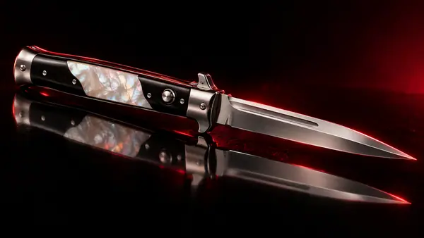 Illustrative studio render of a side-opening automatic stiletto, not the actual model