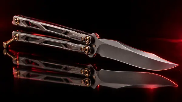 Illustrative studio render of a balisong butterfly knife, not the actual model