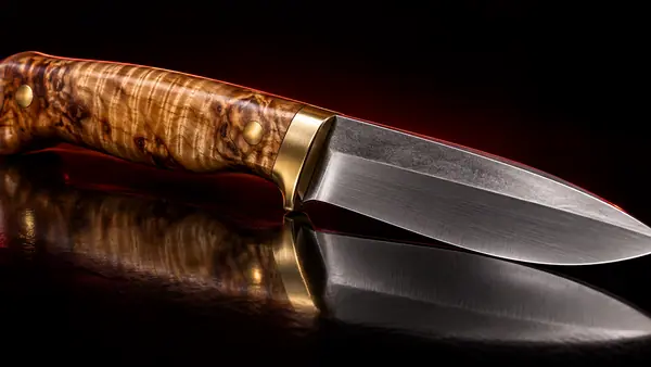 Illustrative studio render of a bushcraft fixed blade with figured maple handle, not the actual model