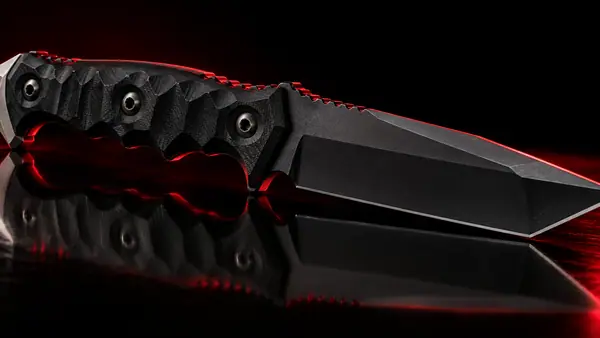 Illustrative studio render of a tactical tanto fixed blade with black G10 handle, not the actual model