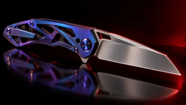 Illustrative studio render of a skeletonised anodised titanium flipper, not the actual model