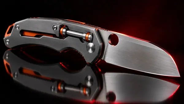 Illustrative studio render of a crossbar-lock folder with anodised aluminium handle, not the actual model