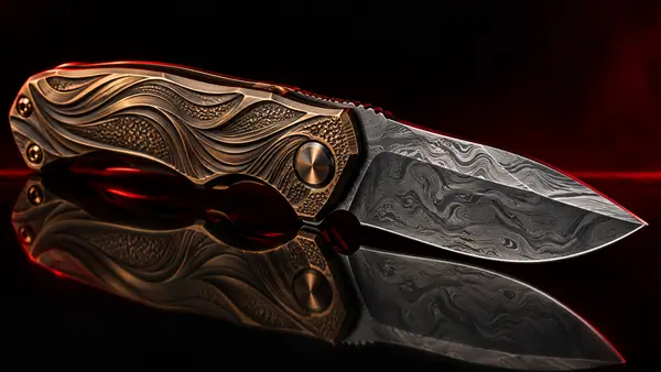 Illustrative studio render of a bronze titanium frame-lock folder with damascus blade, not the actual model