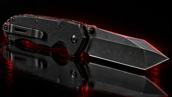 Illustrative studio render of a tactical liner-lock folder with black G10 and tanto blade, not the actual model