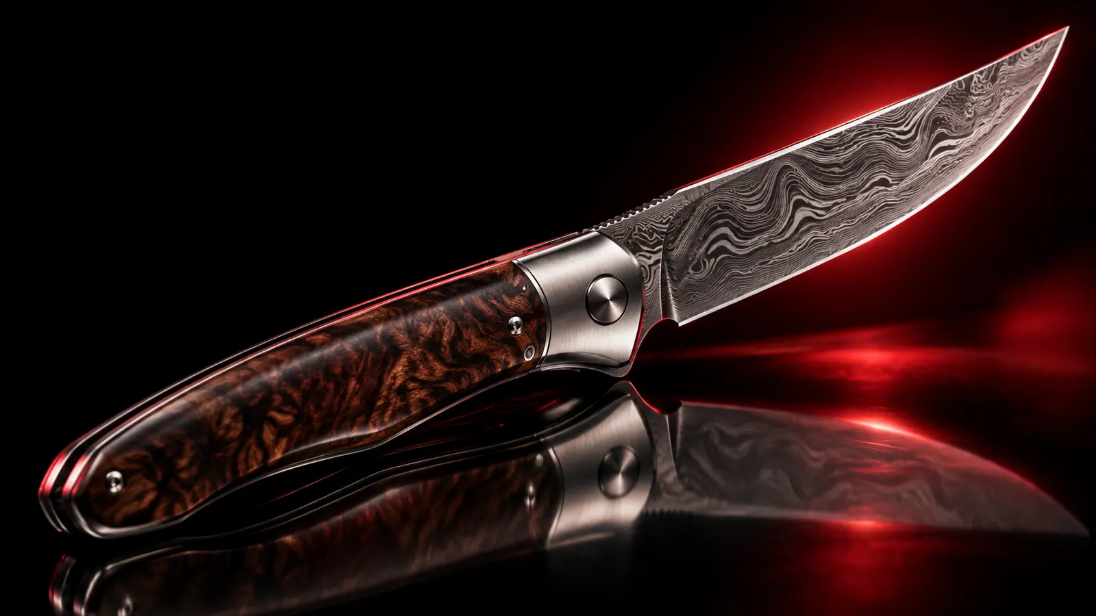 Illustrative studio render of a damascus-bladed walnut-handled folding knife with a red rim light