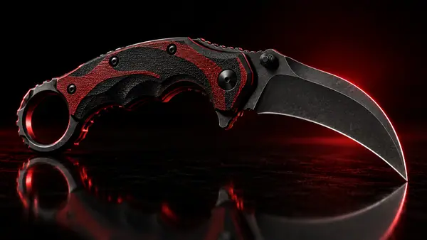 Illustrative studio render of a folding karambit, not the actual model
