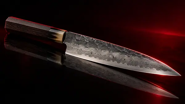 Illustrative studio render of a damascus gyuto with octagonal wenge handle, not the actual model