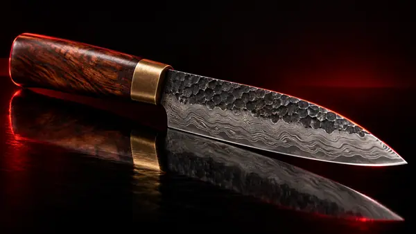 Illustrative studio render of a hammered damascus petty knife with chestnut handle, not the actual model