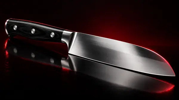 Illustrative studio render of a mirror-polished santoku with black pakkawood handle, not the actual model