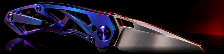 Illustrative studio render of a skeletonised anodised titanium flipper, not the actual model