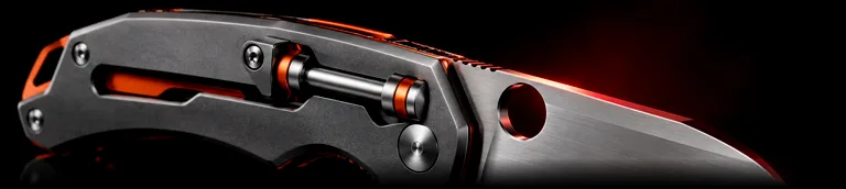 Illustrative studio render of a crossbar-lock folder with anodised aluminium handle, not the actual model