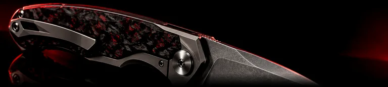 Illustrative studio render of a titanium frame-lock flipper with carbon fibre scale, not the actual model