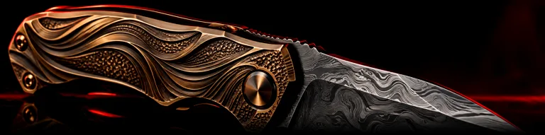 Illustrative studio render of a bronze titanium frame-lock folder with damascus blade, not the actual model