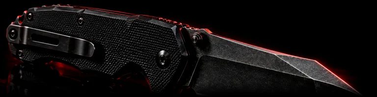 Illustrative studio render of a tactical liner-lock folder with black G10 and tanto blade, not the actual model